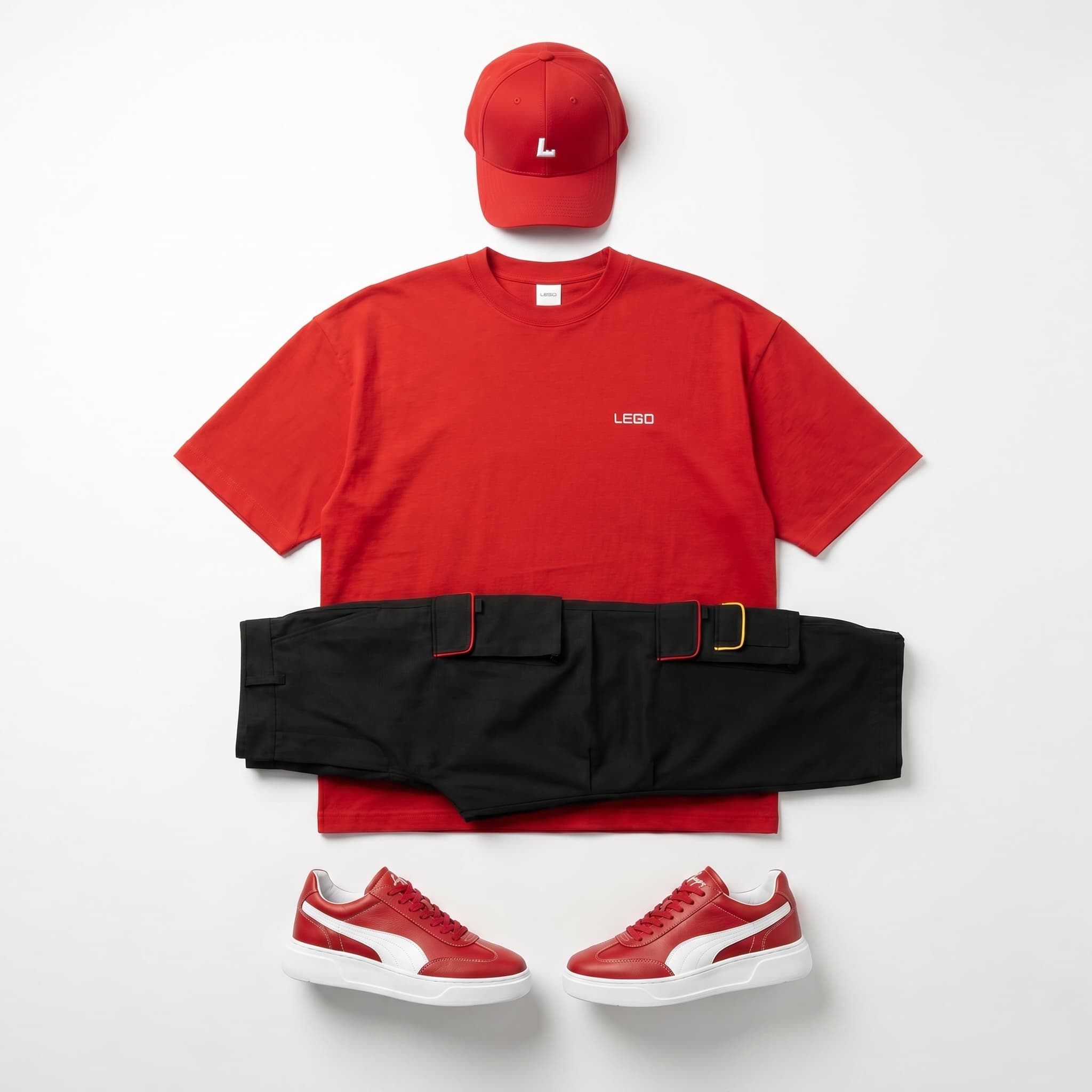 A flat lay of a red LEGO t-shirt, black pants and red-and-white sneakers